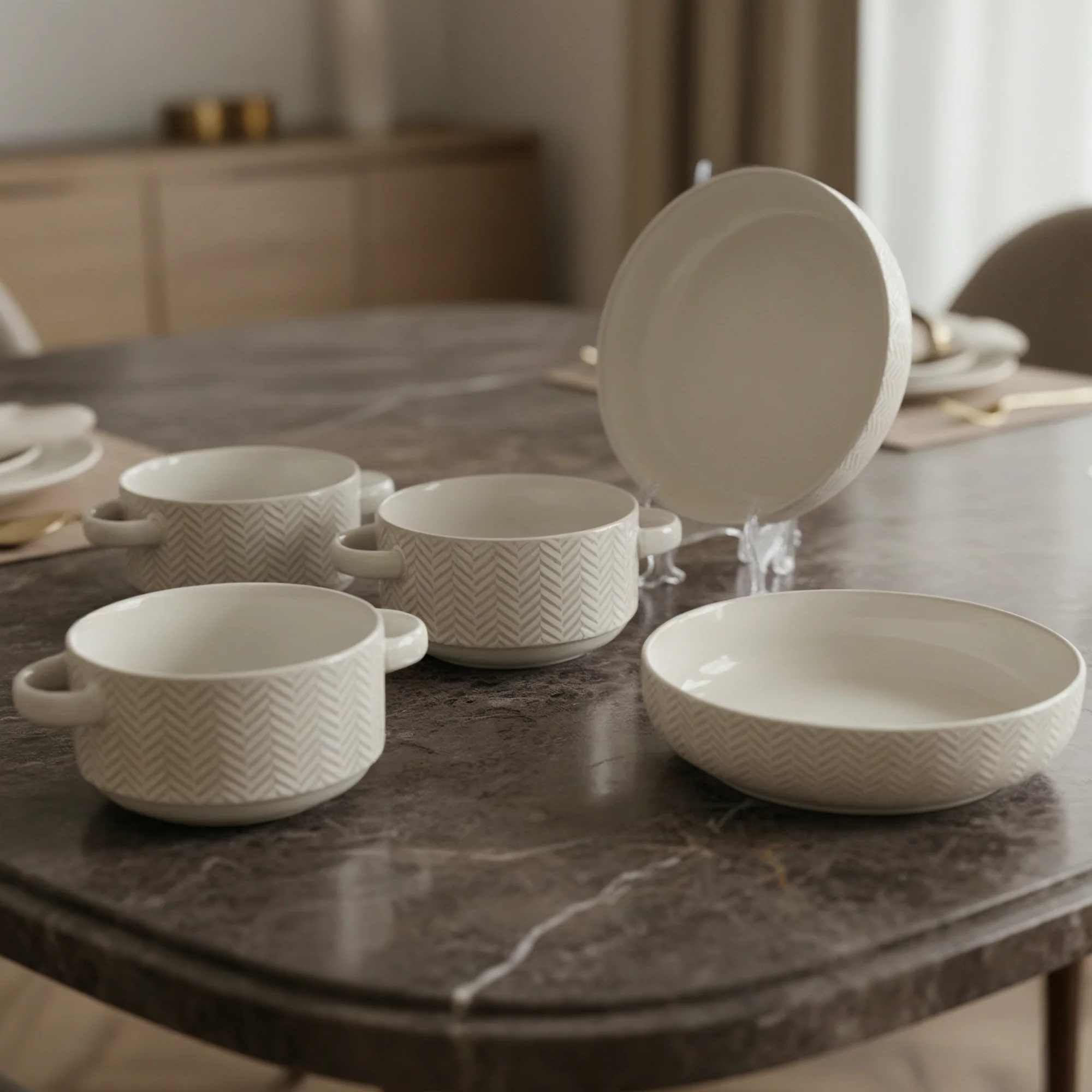 Set 2 assiettes creuses 22cm + 3 bols 15cm en céramique - Image 2