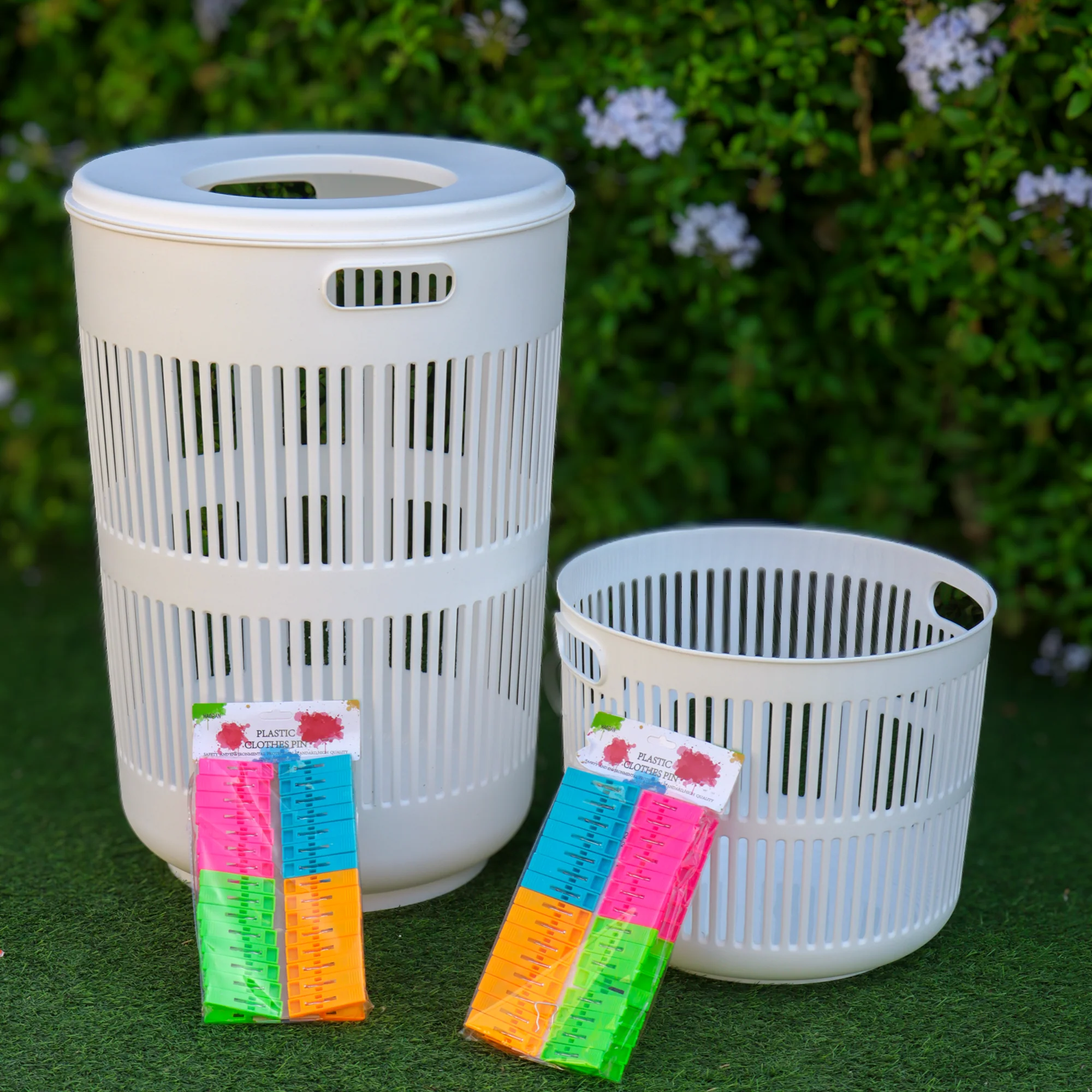 Set 2 paniers à linge ronds 30L + 60L + pince à linge 60pcs - Image 8