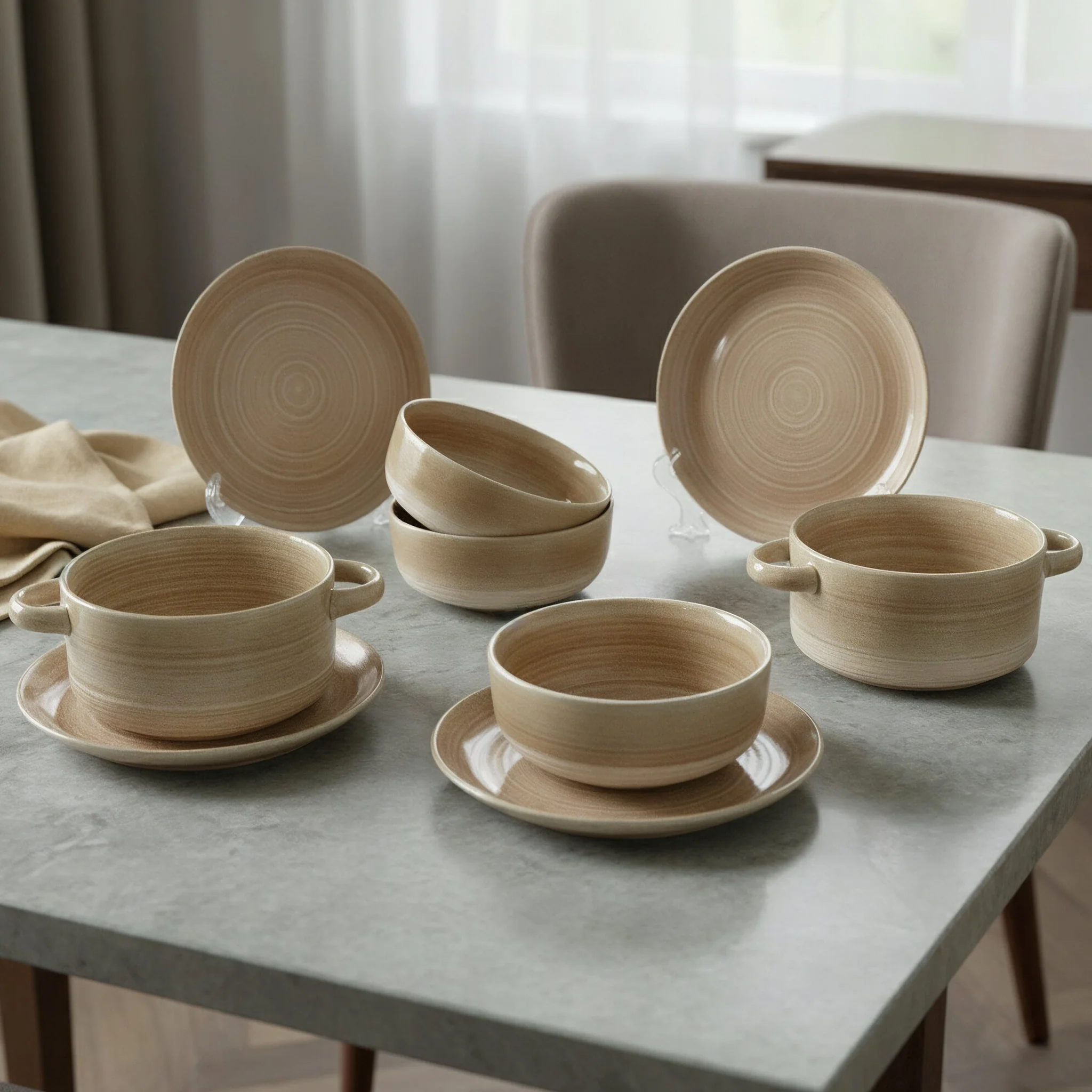 Set 3 assiettes 20cm + 3 bols 15cm + 2 bols avec anses 15cm en céramique - Image 2