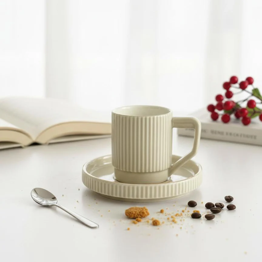 Set 6 tasses 5x6cm et sous tasses beige 10,50cm - Image 2