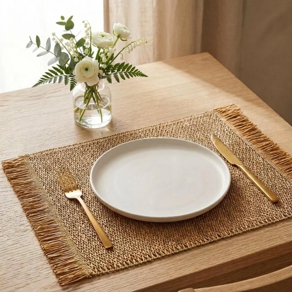 Set chemin de table 120x30cm + 6 sets de table 45x30cm + boite mouchoir 31cm en paille - Image 7
