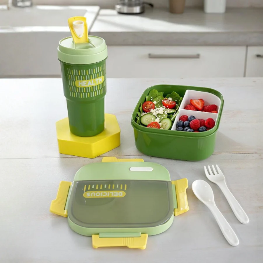 Set lunch box 1250ML + gourde 550ML en plastique + sac isotherme - Image 4