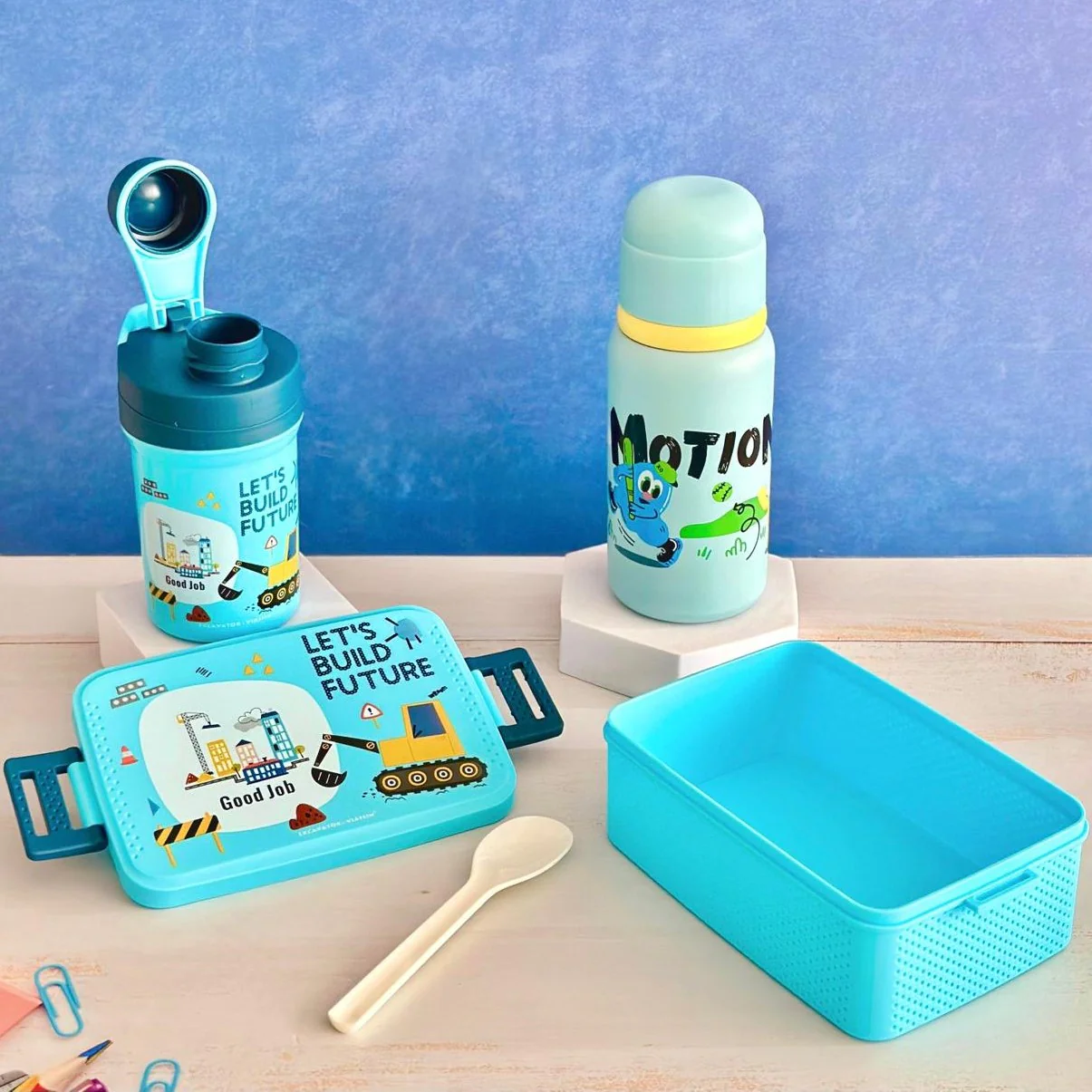 Set lunch box 800ML + gourde 350ML en plastique + thermos en inox 450ML - Image 4