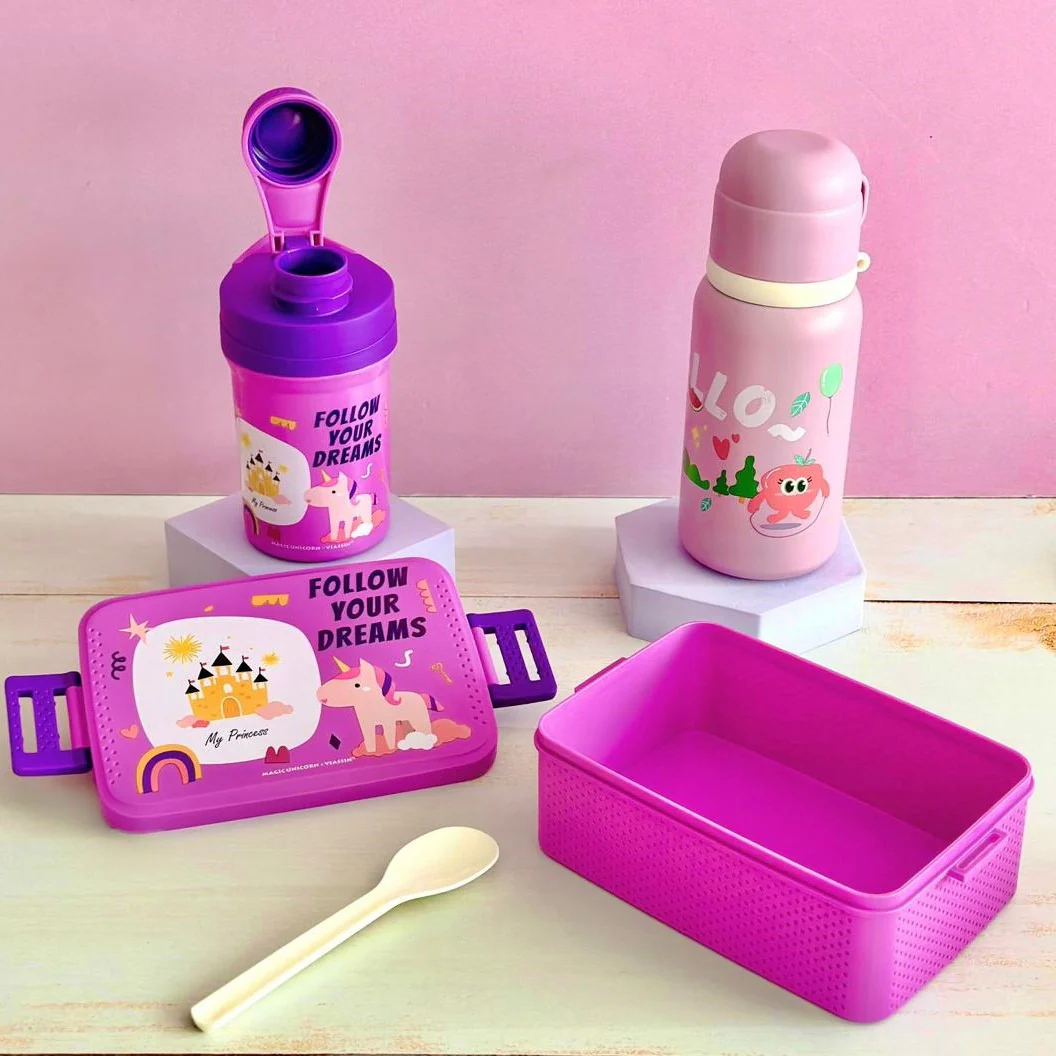 Set lunch box 800ML + gourde 350ML en plastique + thermos en inox 450ML - Image 6
