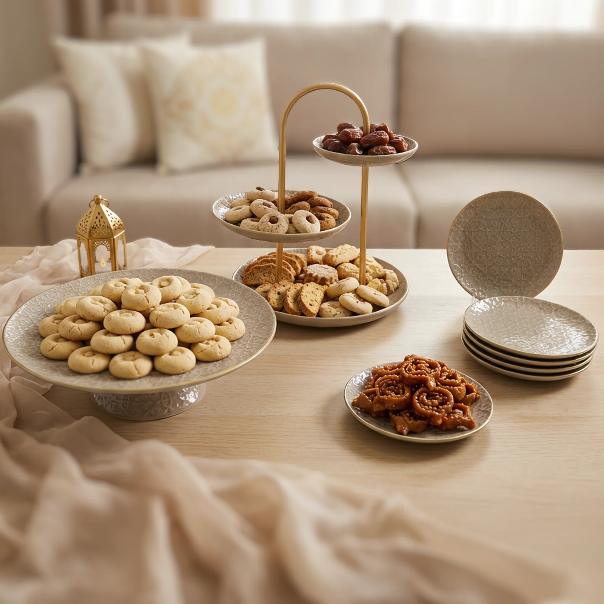 Set Présentoir 3NIV + 6 Assiettes 17cm + Plat à Pied 32cm Marron - Image 2