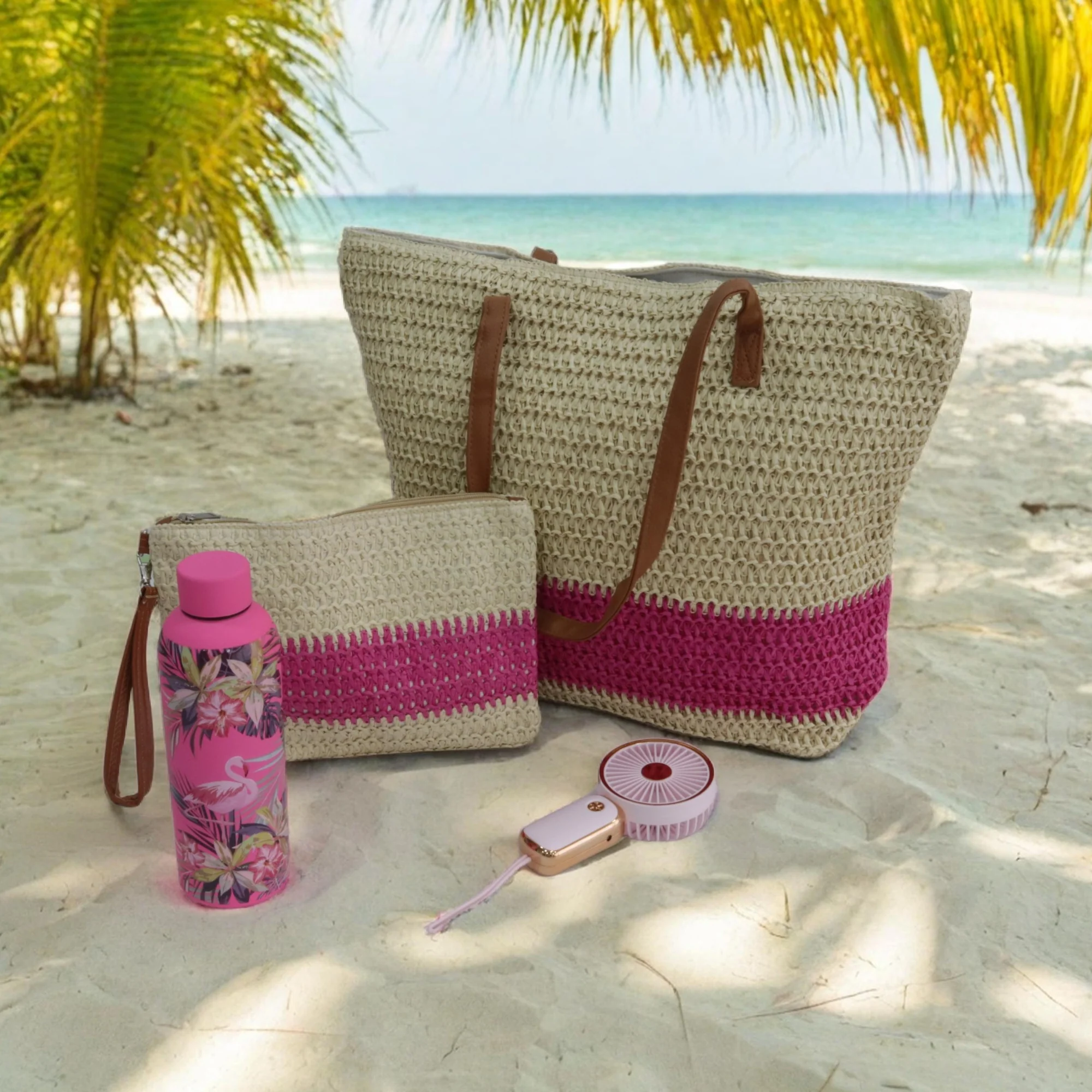 Set sac de plage (trousse/bouteille en inox 500ML/mini ventilateur) rose - Image 4