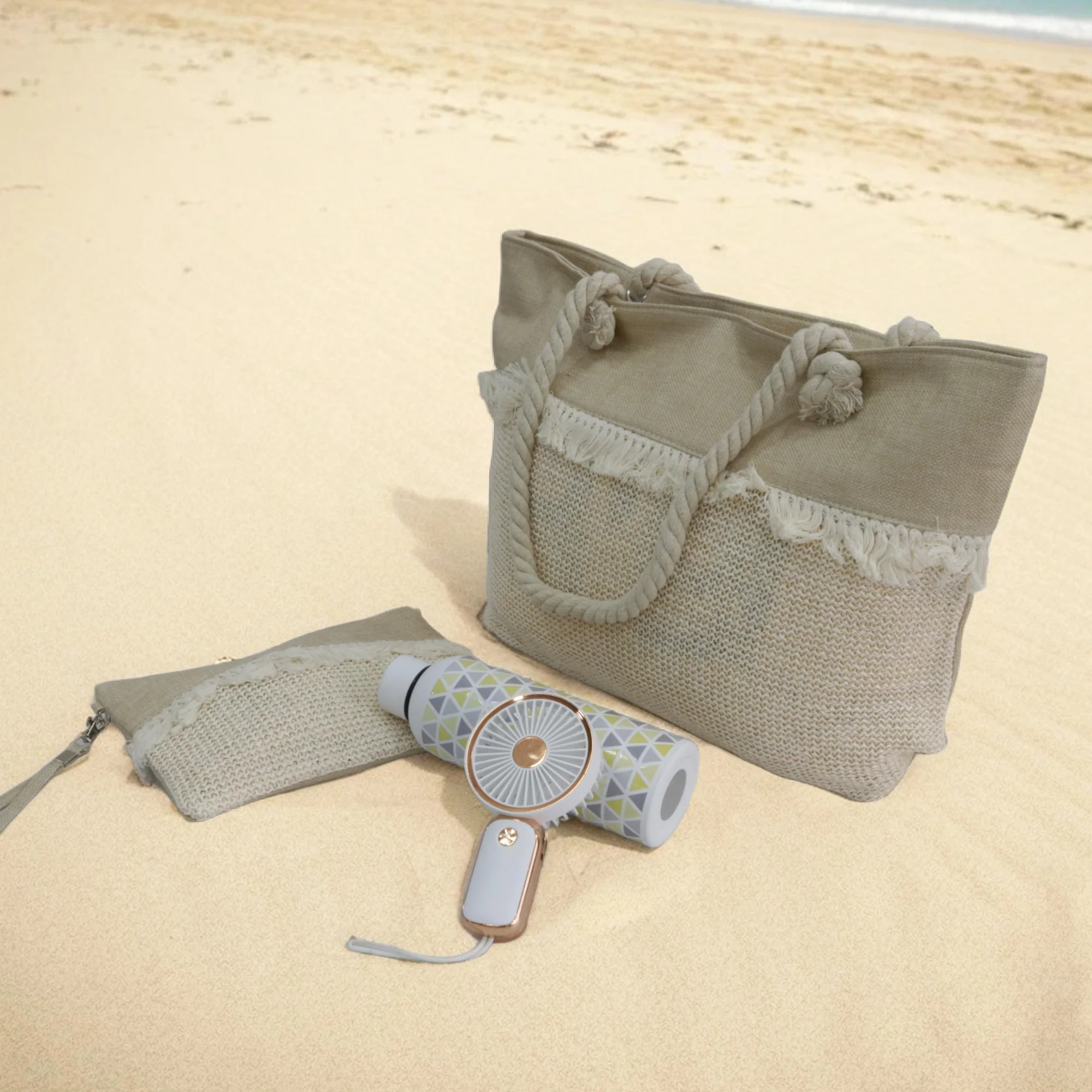 Set sac de plage (trousse/bouteille en inox 500ML/mini ventilateur) beige - Image 3