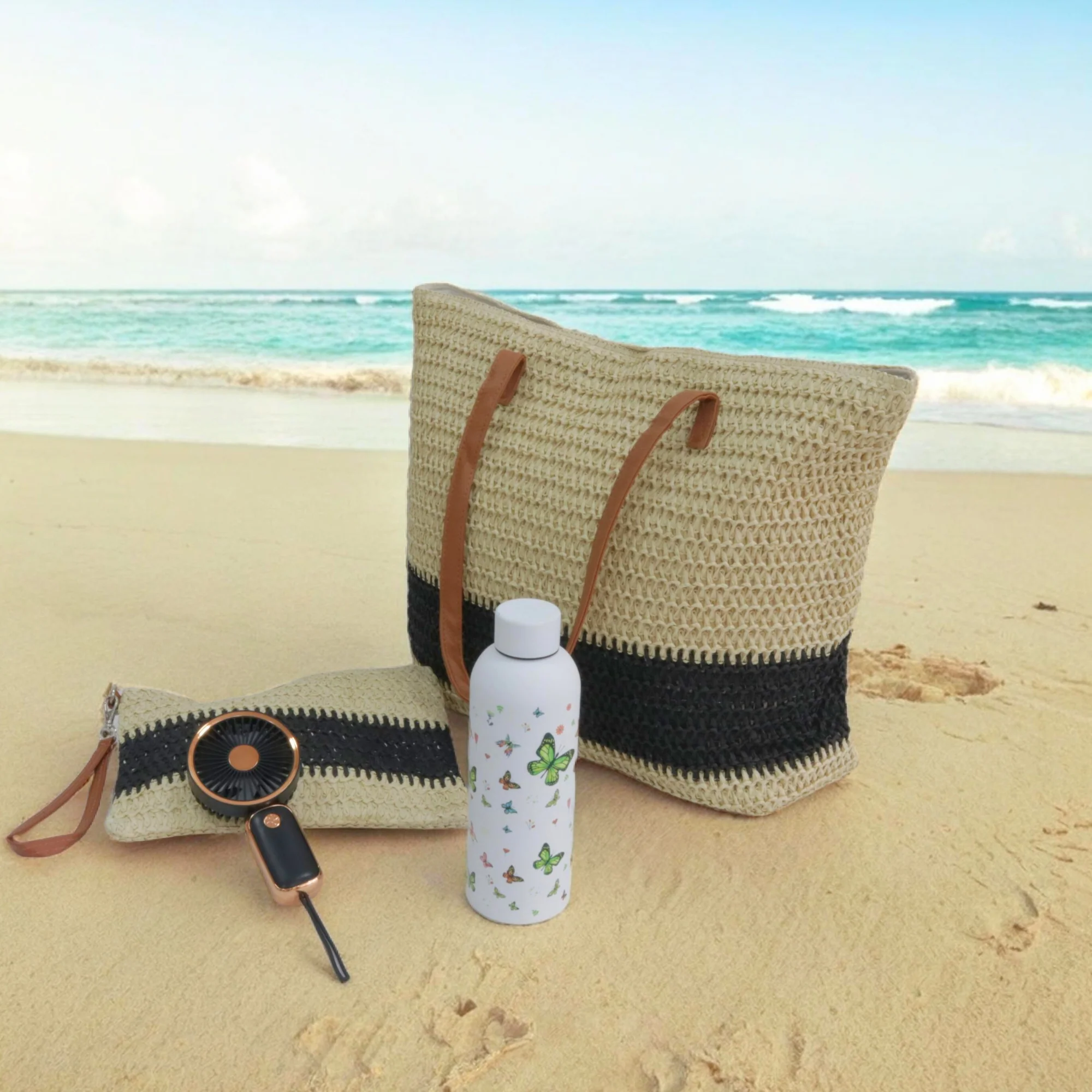 Set sac de plage (trousse/bouteille en inox 500ML/mini ventilateur) noir - Image 4