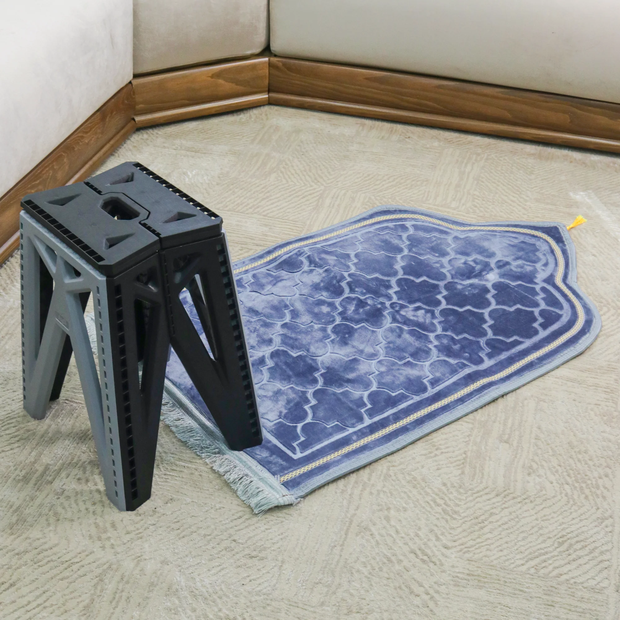 Set tapis prière en velours 115x70cm + tabouret pliable 28x23x45cm - Image 5